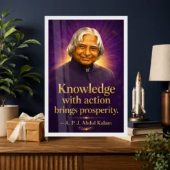 APJ Abdul Kalam Knowledge with Action Quote Photo Frame showing a royal-purple and gold portrait poster with the quote Knowledge with action brings prosperity – Professional Achievement Gift View