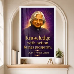 APJ Abdul Kalam Knowledge with Action Quote Photo Frame showing a royal-purple and gold portrait poster with the quote Knowledge with action brings prosperity – Educational Reading Niche View