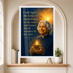 APJ Abdul Kalam Lamp of Knowledge Quote Photo Frame showing a luminous navy-and-gold poster about lighting the lamp of knowledge in the nation – Educational Reading Niche View