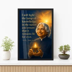 APJ Abdul Kalam Lamp of Knowledge Quote Photo Frame showing a luminous navy-and-gold poster about lighting the lamp of knowledge in the nation – Premium Console Lifestyle View
