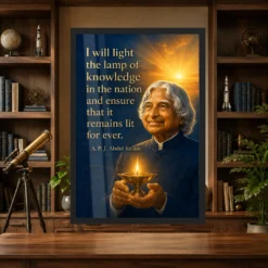 APJ Abdul Kalam Lamp of Knowledge Quote Photo Frame showing a luminous navy-and-gold poster about lighting the lamp of knowledge in the nation – Science Study Lifestyle View