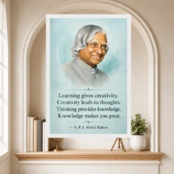 APJ Abdul Kalam Learning Creativity Knowledge Quote Frame showing an aqua educational portrait poster about learning, creativity, thinking and knowledge – Educational Reading Niche View