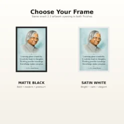 APJ Abdul Kalam Learning Creativity Knowledge Quote Frame showing an aqua educational portrait poster about learning, creativity, thinking and knowledge – Black and White Frame Options