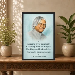 APJ Abdul Kalam Learning Creativity Knowledge Quote Frame showing an aqua educational portrait poster about learning, creativity, thinking and knowledge – Indian Carved Console View