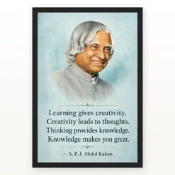 APJ Abdul Kalam Learning Creativity Knowledge Quote Frame showing an aqua educational portrait poster about learning, creativity, thinking and knowledge – Black Frame Main View