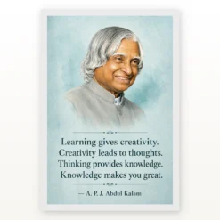 APJ Abdul Kalam Learning Creativity Knowledge Quote Frame showing an aqua educational portrait poster about learning, creativity, thinking and knowledge – White Frame Main View