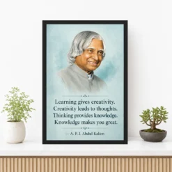 APJ Abdul Kalam Learning Creativity Knowledge Quote Frame showing an aqua educational portrait poster about learning, creativity, thinking and knowledge – Premium Console Lifestyle View