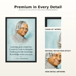 APJ Abdul Kalam Learning Creativity Knowledge Quote Frame showing an aqua educational portrait poster about learning, creativity, thinking and knowledge – Frame and Print Detail View