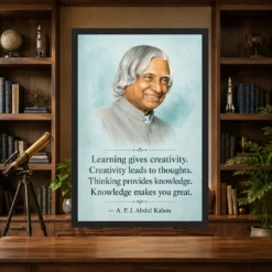 APJ Abdul Kalam Learning Creativity Knowledge Quote Frame showing an aqua educational portrait poster about learning, creativity, thinking and knowledge – Science Study Lifestyle View