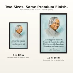 APJ Abdul Kalam Learning Creativity Knowledge Quote Frame showing an aqua educational portrait poster about learning, creativity, thinking and knowledge – 8×12 and 12×18 Inch Size Guide