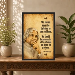 APJ Abdul Kalam Master the Problems Motivational Frame showing a vintage sepia motivational poster about mastering situations and defeating problems – Indian Carved Console View