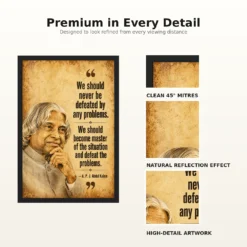 APJ Abdul Kalam Master the Problems Motivational Frame showing a vintage sepia motivational poster about mastering situations and defeating problems – Frame and Print Detail View