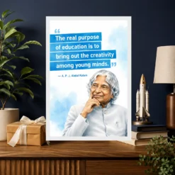 APJ Abdul Kalam Purpose of Education Quote Photo Frame 19 APJ Abdul Kalam Purpose of Education Quote Photo Frame showing a clean white-and-blue educational poster about creativity among young minds – Professional Achievement Gift View