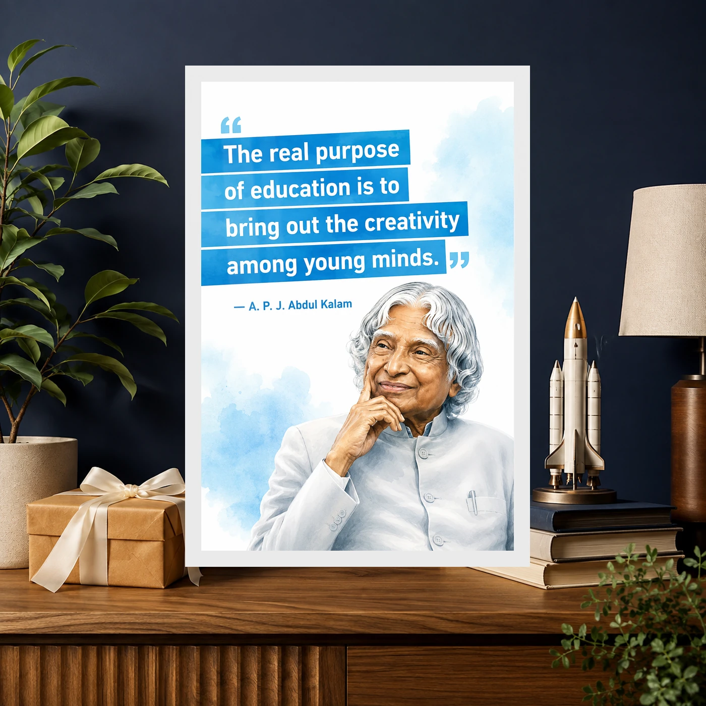 APJ Abdul Kalam Purpose of Education Quote Photo Frame 10 APJ Abdul Kalam Purpose of Education Quote Photo Frame showing a clean white-and-blue educational poster about creativity among young minds – Professional Achievement Gift View