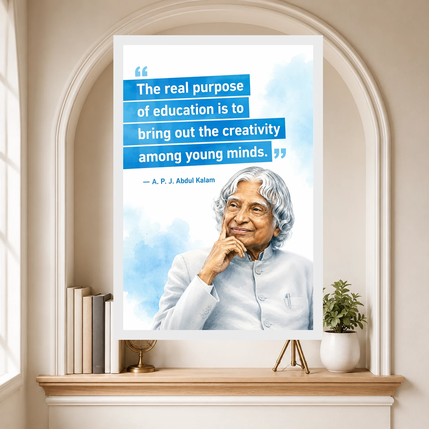 APJ Abdul Kalam Purpose of Education Quote Photo Frame 6 APJ Abdul Kalam Purpose of Education Quote Photo Frame showing a clean white-and-blue educational poster about creativity among young minds – Educational Reading Niche View