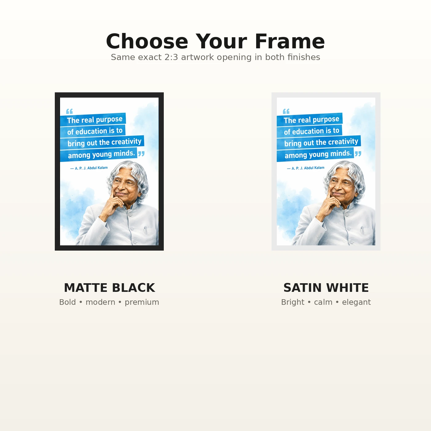 APJ Abdul Kalam Purpose of Education Quote Photo Frame 7 APJ Abdul Kalam Purpose of Education Quote Photo Frame showing a clean white-and-blue educational poster about creativity among young minds – Black and White Frame Options
