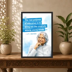 APJ Abdul Kalam Purpose of Education Quote Photo Frame 14 APJ Abdul Kalam Purpose of Education Quote Photo Frame showing a clean white-and-blue educational poster about creativity among young minds – Indian Carved Console View