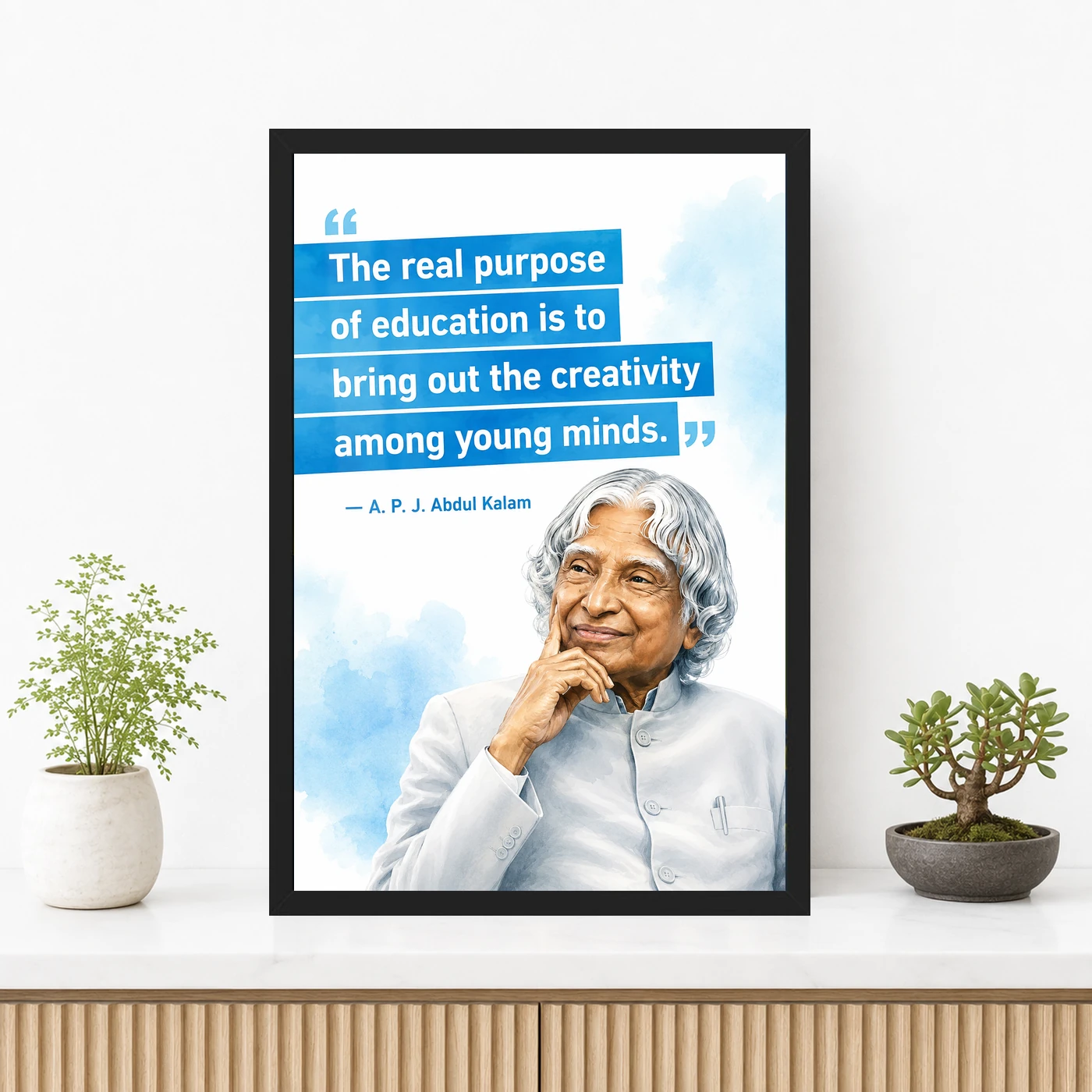 APJ Abdul Kalam Purpose of Education Quote Photo Frame 3 APJ Abdul Kalam Purpose of Education Quote Photo Frame showing a clean white-and-blue educational poster about creativity among young minds – Premium Console Lifestyle View