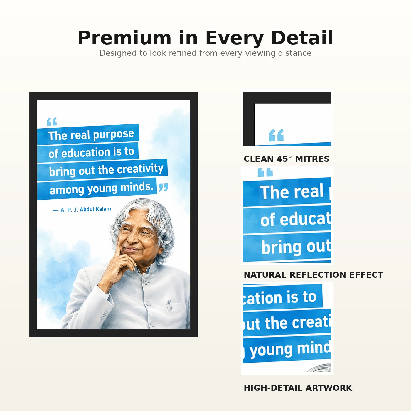 APJ Abdul Kalam Purpose of Education Quote Photo Frame 9 APJ Abdul Kalam Purpose of Education Quote Photo Frame showing a clean white-and-blue educational poster about creativity among young minds – Frame and Print Detail View