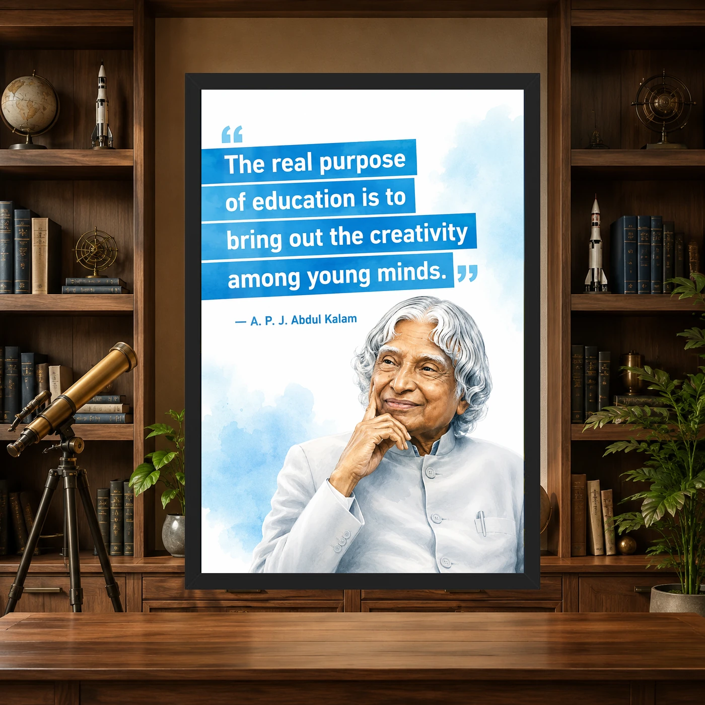 APJ Abdul Kalam Purpose of Education Quote Photo Frame 4 APJ Abdul Kalam Purpose of Education Quote Photo Frame showing a clean white-and-blue educational poster about creativity among young minds – Science Study Lifestyle View