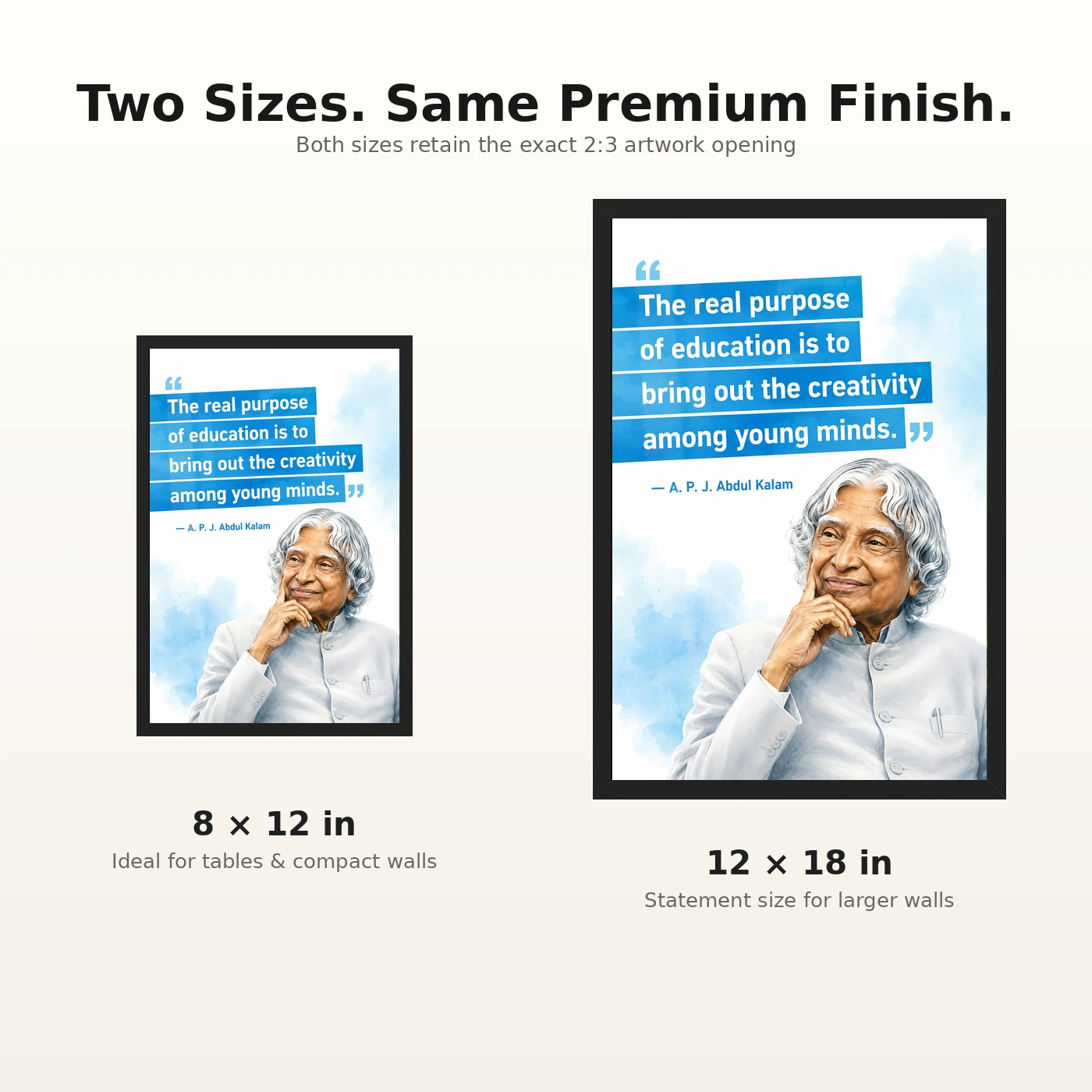 APJ Abdul Kalam Purpose of Education Quote Photo Frame 8 APJ Abdul Kalam Purpose of Education Quote Photo Frame showing a clean white-and-blue educational poster about creativity among young minds – 8×12 and 12×18 Inch Size Guide