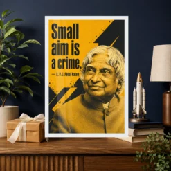 APJ Abdul Kalam Small Aim Is a Crime Quote Photo Frame 19 APJ Abdul Kalam Small Aim Is a Crime Quote Photo Frame showing a mustard-and-charcoal screen-print portrait with the quote Small aim is a crime – Professional Achievement Gift View