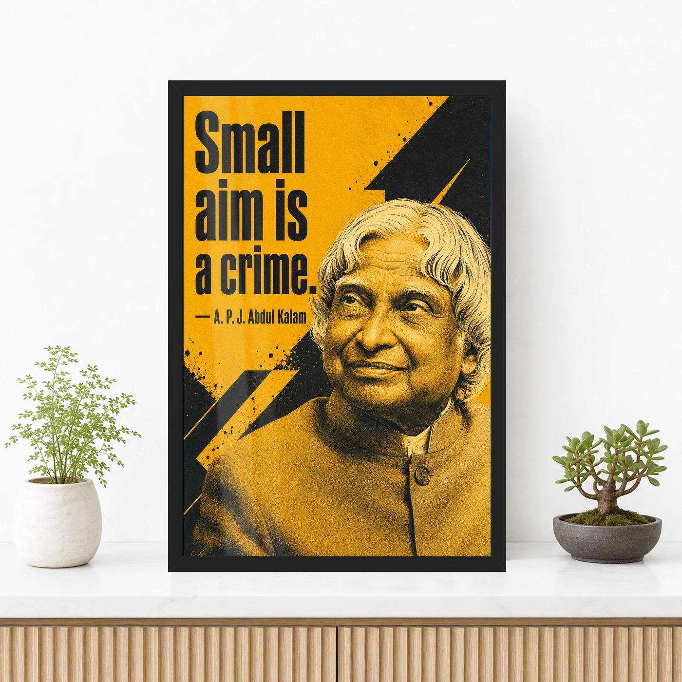 APJ Abdul Kalam Small Aim Is a Crime Quote Photo Frame 3 APJ Abdul Kalam Small Aim Is a Crime Quote Photo Frame showing a mustard-and-charcoal screen-print portrait with the quote Small aim is a crime – Premium Console Lifestyle View