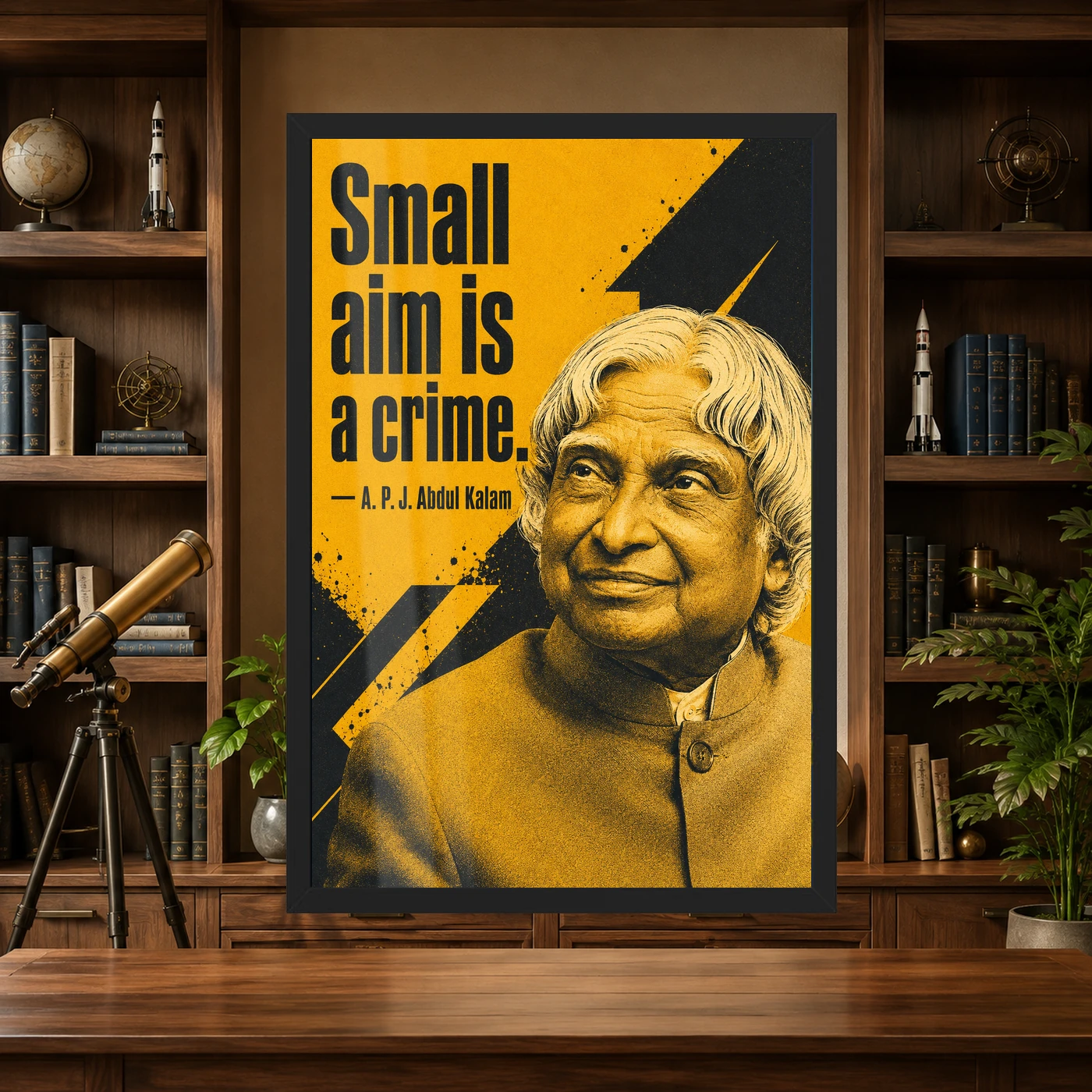 APJ Abdul Kalam Small Aim Is a Crime Quote Photo Frame 4 APJ Abdul Kalam Small Aim Is a Crime Quote Photo Frame showing a mustard-and-charcoal screen-print portrait with the quote Small aim is a crime – Science Study Lifestyle View