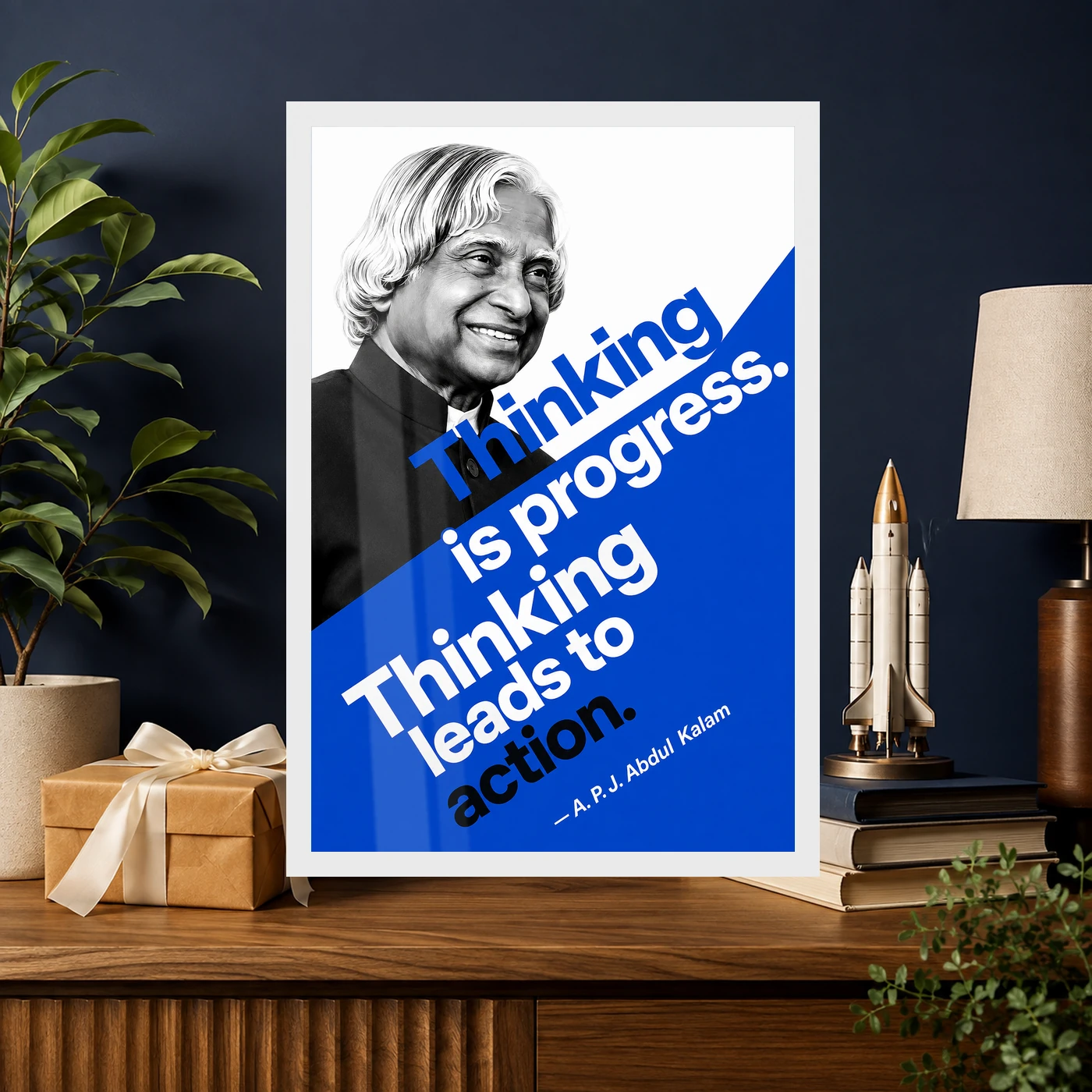 APJ Abdul Kalam Thinking Is Progress Quote Photo Frame 10 APJ Abdul Kalam Thinking Is Progress Quote Photo Frame showing a bold cobalt Bauhaus-style portrait poster with the quote Thinking is progress, thinking leads to action – Professional Achievement Gift View