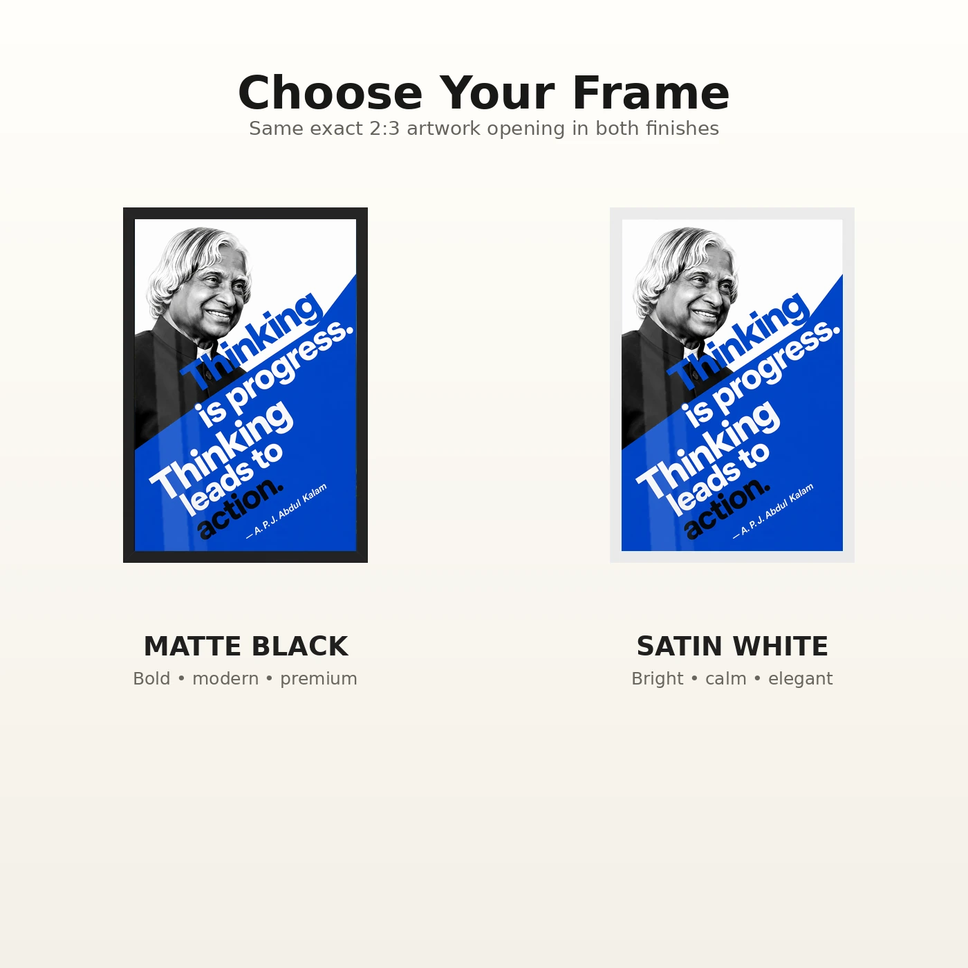 APJ Abdul Kalam Thinking Is Progress Quote Photo Frame 7 APJ Abdul Kalam Thinking Is Progress Quote Photo Frame showing a bold cobalt Bauhaus-style portrait poster with the quote Thinking is progress, thinking leads to action – Black and White Frame Options