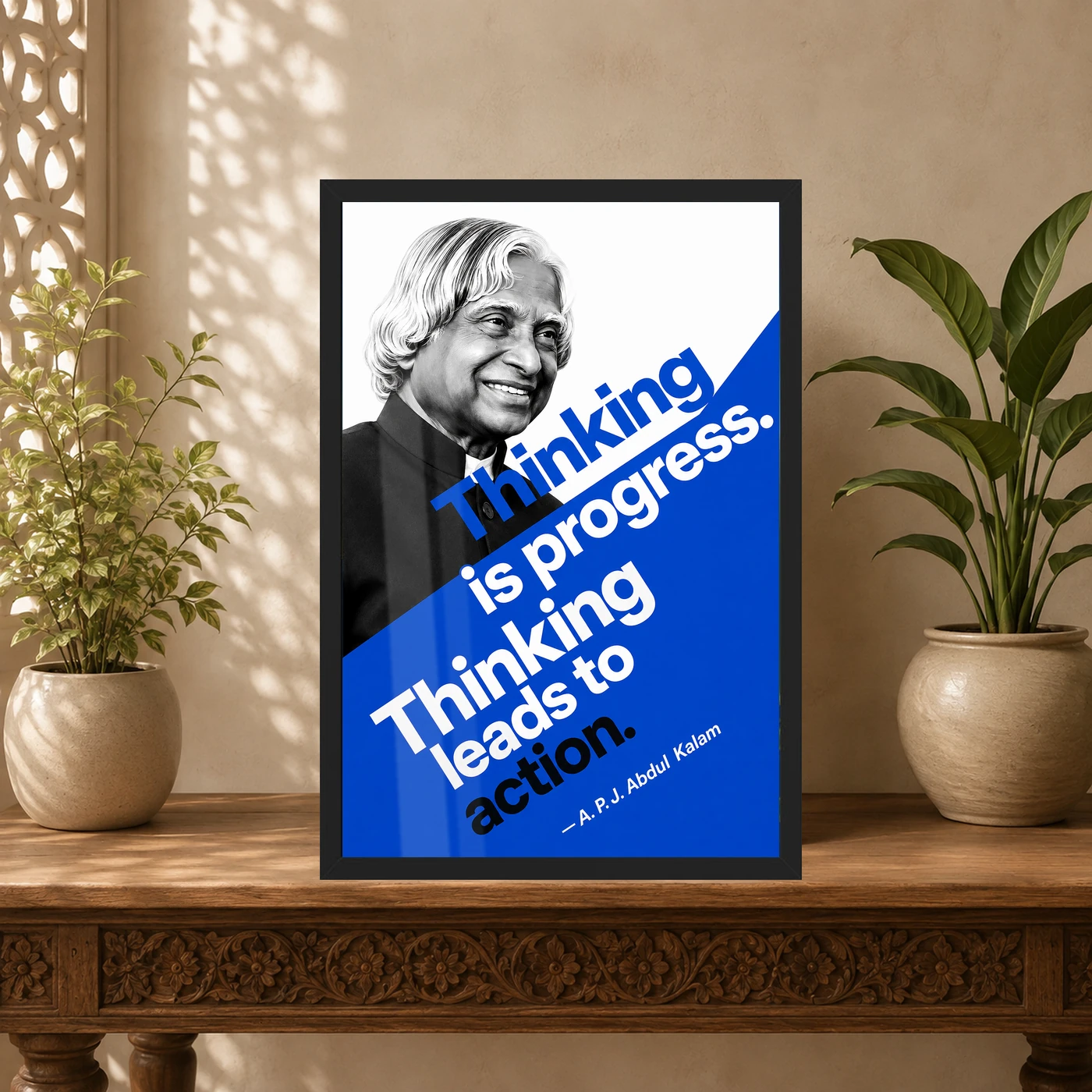 APJ Abdul Kalam Thinking Is Progress Quote Photo Frame 5 APJ Abdul Kalam Thinking Is Progress Quote Photo Frame showing a bold cobalt Bauhaus-style portrait poster with the quote Thinking is progress, thinking leads to action – Indian Carved Console View