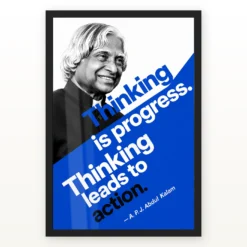 APJ Abdul Kalam Thinking Is Progress Quote Photo Frame showing a bold cobalt Bauhaus-style portrait poster with the quote Thinking is progress, thinking leads to action – Black Frame Main View