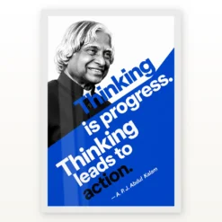 APJ Abdul Kalam Thinking Is Progress Quote Photo Frame showing a bold cobalt Bauhaus-style portrait poster with the quote Thinking is progress, thinking leads to action – White Frame Main View