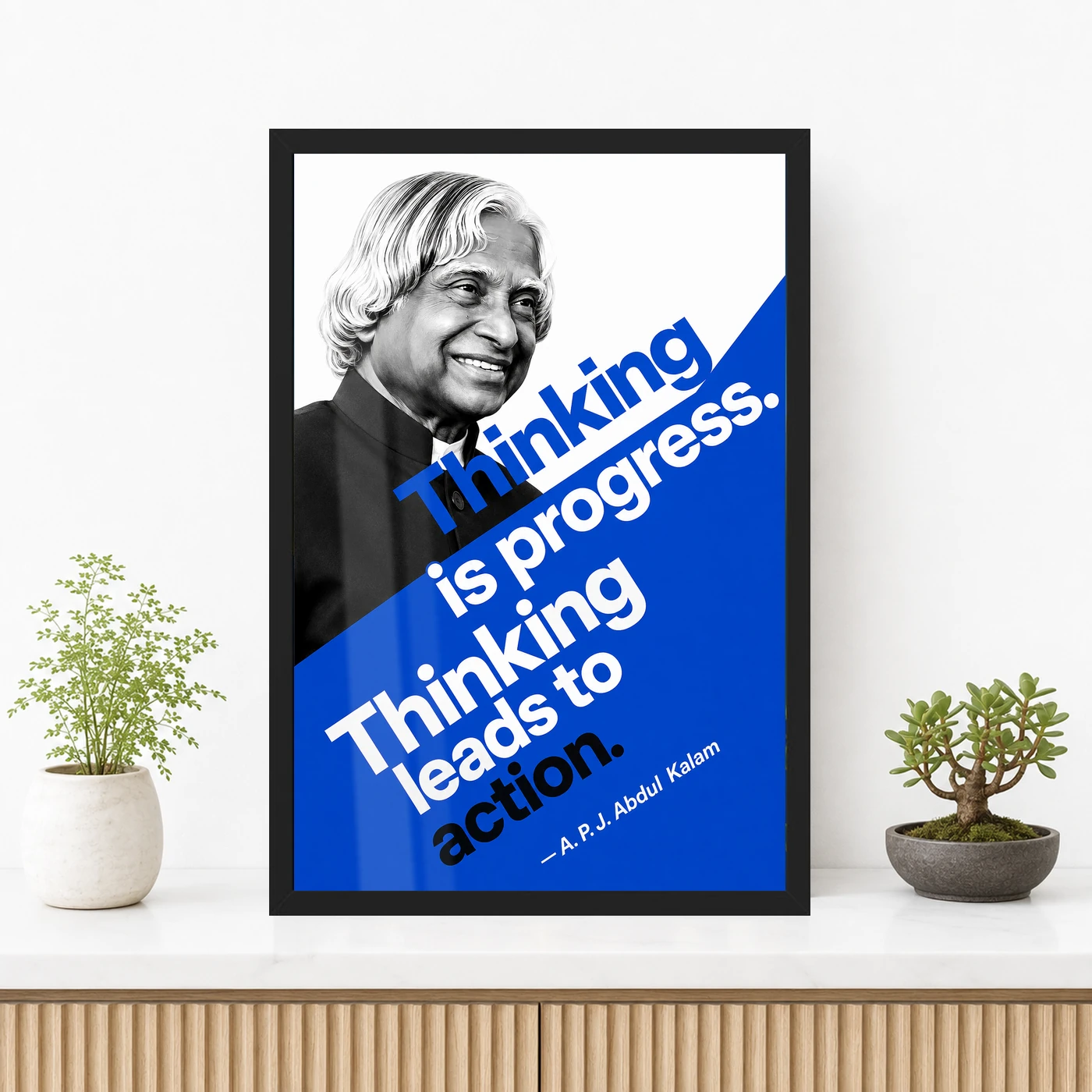 APJ Abdul Kalam Thinking Is Progress Quote Photo Frame 3 APJ Abdul Kalam Thinking Is Progress Quote Photo Frame showing a bold cobalt Bauhaus-style portrait poster with the quote Thinking is progress, thinking leads to action – Premium Console Lifestyle View