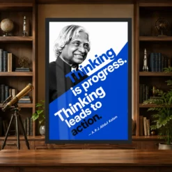 APJ Abdul Kalam Thinking Is Progress Quote Photo Frame 13 APJ Abdul Kalam Thinking Is Progress Quote Photo Frame showing a bold cobalt Bauhaus-style portrait poster with the quote Thinking is progress, thinking leads to action – Science Study Lifestyle View
