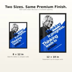 APJ Abdul Kalam Thinking Is Progress Quote Photo Frame 17 APJ Abdul Kalam Thinking Is Progress Quote Photo Frame showing a bold cobalt Bauhaus-style portrait poster with the quote Thinking is progress, thinking leads to action – 8×12 and 12×18 Inch Size Guide