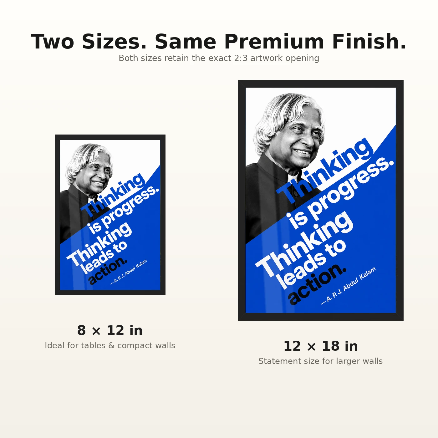 APJ Abdul Kalam Thinking Is Progress Quote Photo Frame 8 APJ Abdul Kalam Thinking Is Progress Quote Photo Frame showing a bold cobalt Bauhaus-style portrait poster with the quote Thinking is progress, thinking leads to action – 8×12 and 12×18 Inch Size Guide