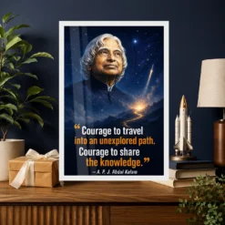 APJ Abdul Kalam Unexplored Path Courage Quote Frame 19 APJ Abdul Kalam Unexplored Path Courage Quote Frame showing a cinematic star-map and rocket poster about exploring new paths and sharing knowledge – Professional Achievement Gift View