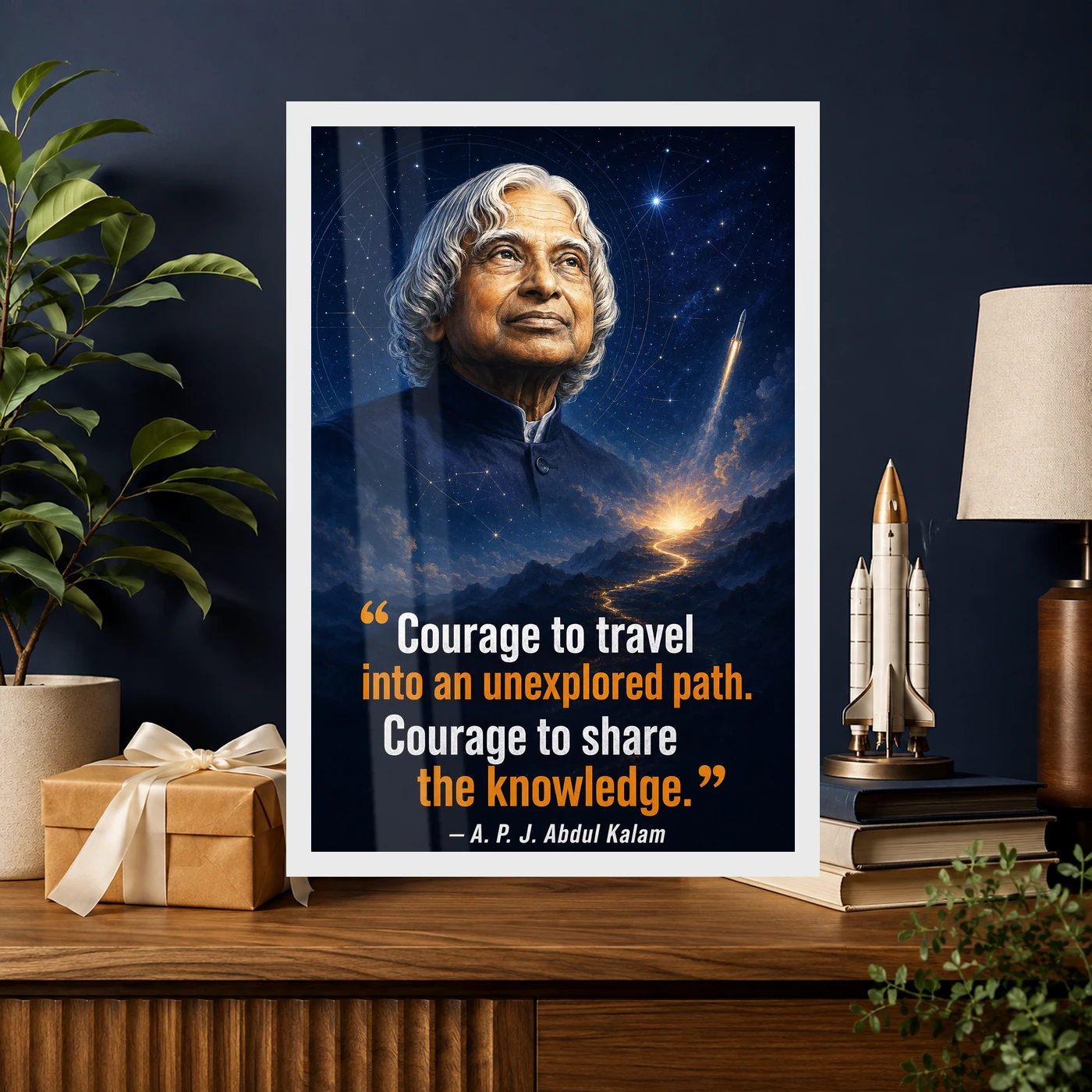 APJ Abdul Kalam Unexplored Path Courage Quote Frame 10 APJ Abdul Kalam Unexplored Path Courage Quote Frame showing a cinematic star-map and rocket poster about exploring new paths and sharing knowledge – Professional Achievement Gift View