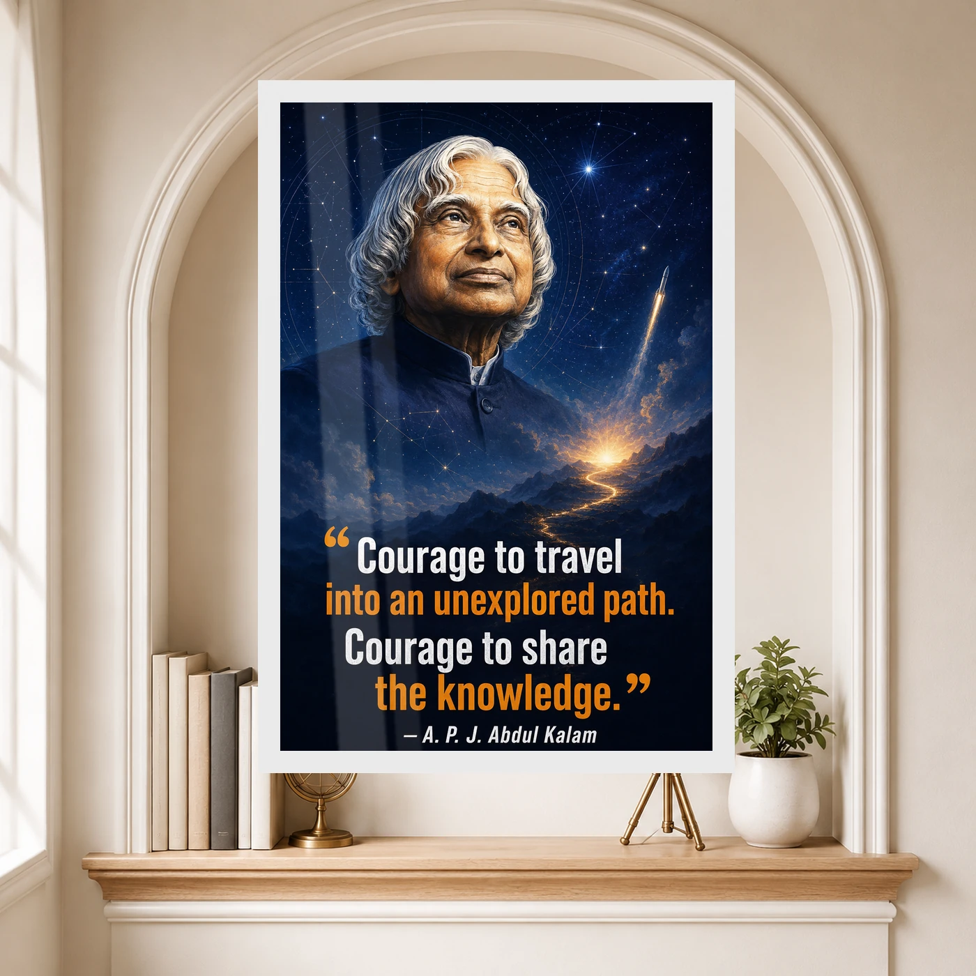 APJ Abdul Kalam Unexplored Path Courage Quote Frame 6 APJ Abdul Kalam Unexplored Path Courage Quote Frame showing a cinematic star-map and rocket poster about exploring new paths and sharing knowledge – Educational Reading Niche View