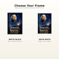 APJ Abdul Kalam Unexplored Path Courage Quote Frame 16 APJ Abdul Kalam Unexplored Path Courage Quote Frame showing a cinematic star-map and rocket poster about exploring new paths and sharing knowledge – Black and White Frame Options