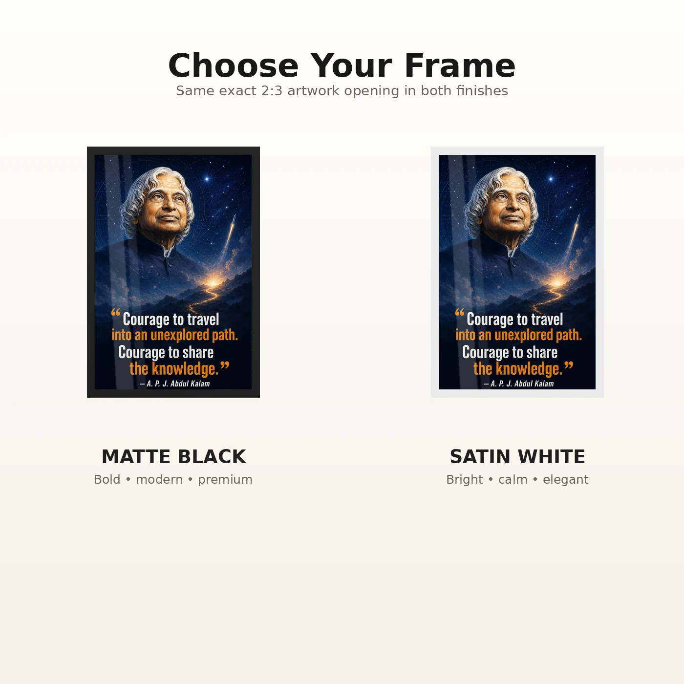 APJ Abdul Kalam Unexplored Path Courage Quote Frame 7 APJ Abdul Kalam Unexplored Path Courage Quote Frame showing a cinematic star-map and rocket poster about exploring new paths and sharing knowledge – Black and White Frame Options