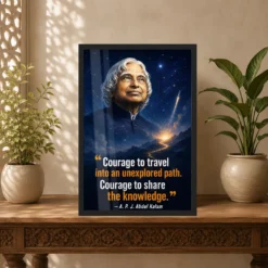 APJ Abdul Kalam Unexplored Path Courage Quote Frame 14 APJ Abdul Kalam Unexplored Path Courage Quote Frame showing a cinematic star-map and rocket poster about exploring new paths and sharing knowledge – Indian Carved Console View