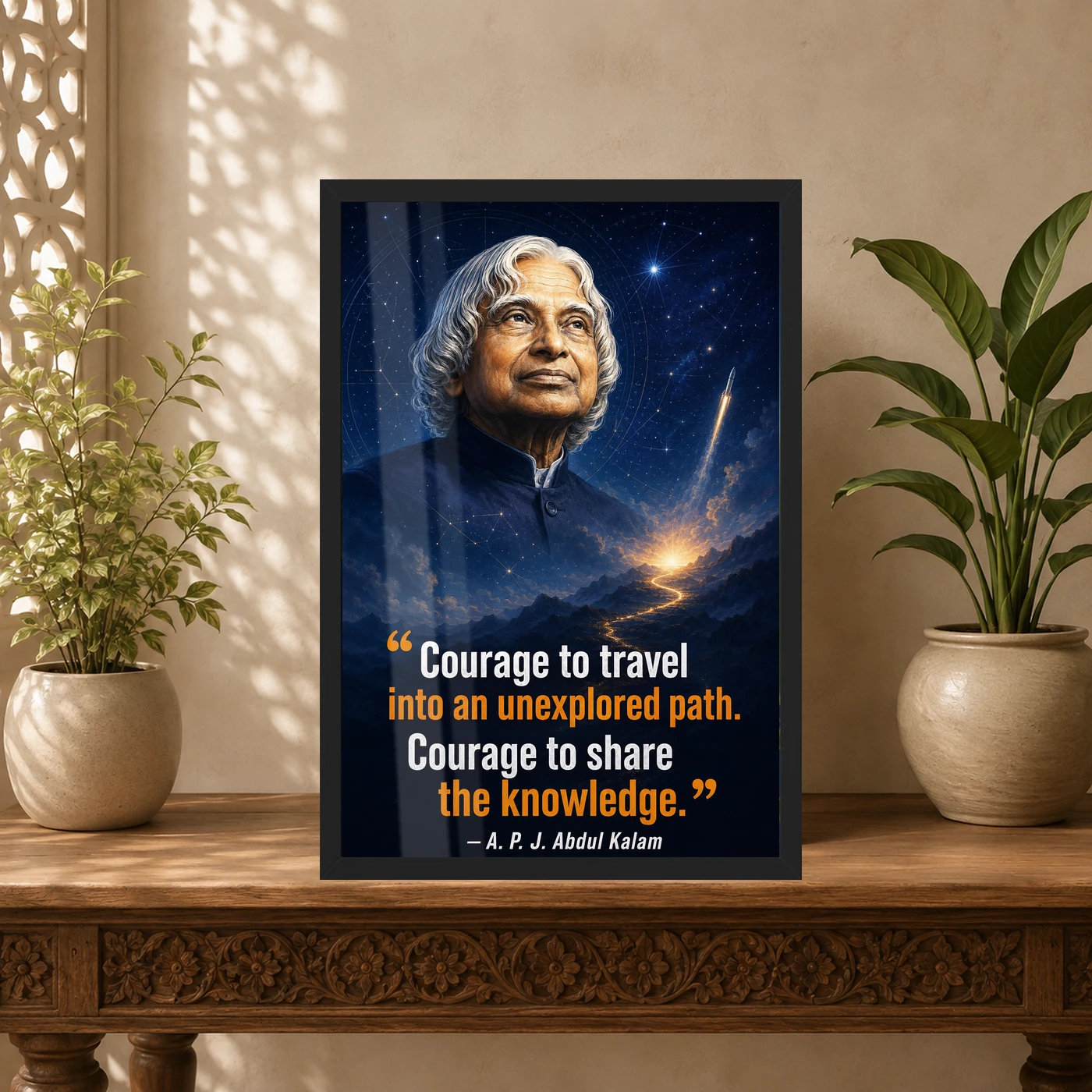 APJ Abdul Kalam Unexplored Path Courage Quote Frame 5 APJ Abdul Kalam Unexplored Path Courage Quote Frame showing a cinematic star-map and rocket poster about exploring new paths and sharing knowledge – Indian Carved Console View