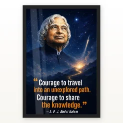 APJ Abdul Kalam Unexplored Path Courage Quote Frame showing a cinematic star-map and rocket poster about exploring new paths and sharing knowledge – Black Frame Main View