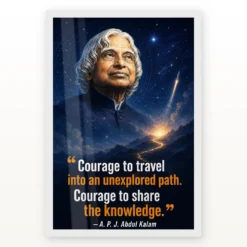 APJ Abdul Kalam Unexplored Path Courage Quote Frame showing a cinematic star-map and rocket poster about exploring new paths and sharing knowledge – White Frame Main View