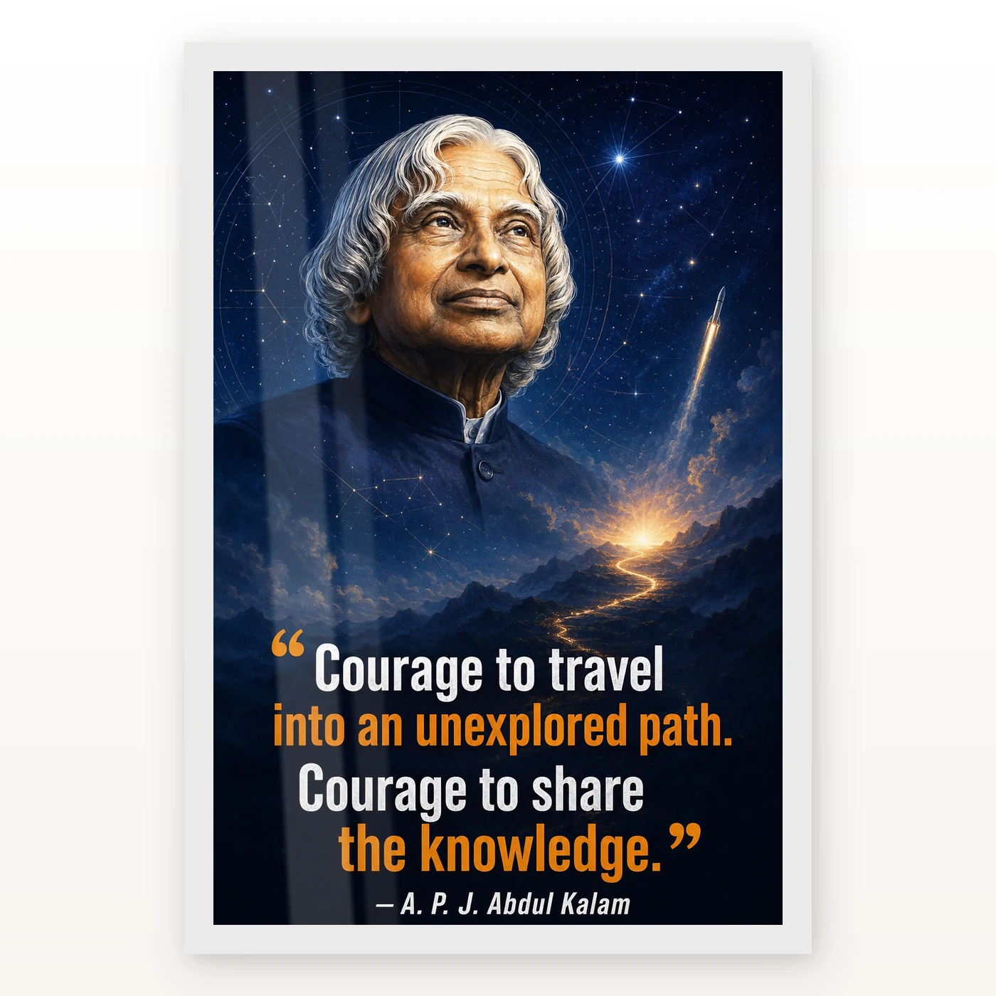 APJ Abdul Kalam Unexplored Path Courage Quote Frame 2 APJ Abdul Kalam Unexplored Path Courage Quote Frame showing a cinematic star-map and rocket poster about exploring new paths and sharing knowledge – White Frame Main View