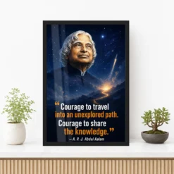 APJ Abdul Kalam Unexplored Path Courage Quote Frame 12 APJ Abdul Kalam Unexplored Path Courage Quote Frame showing a cinematic star-map and rocket poster about exploring new paths and sharing knowledge – Premium Console Lifestyle View