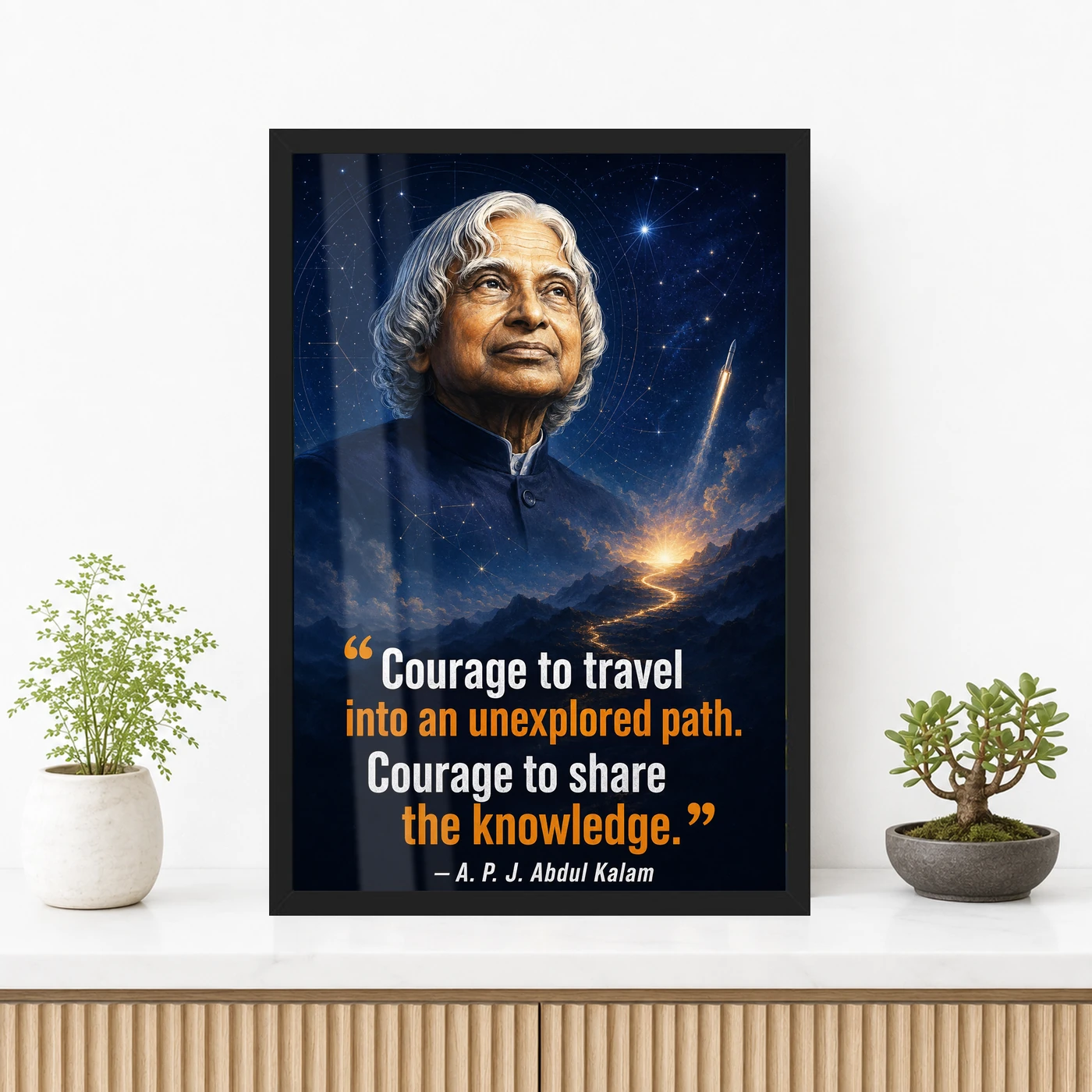 APJ Abdul Kalam Unexplored Path Courage Quote Frame 3 APJ Abdul Kalam Unexplored Path Courage Quote Frame showing a cinematic star-map and rocket poster about exploring new paths and sharing knowledge – Premium Console Lifestyle View