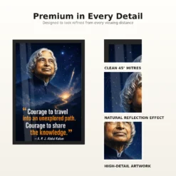 APJ Abdul Kalam Unexplored Path Courage Quote Frame 18 APJ Abdul Kalam Unexplored Path Courage Quote Frame showing a cinematic star-map and rocket poster about exploring new paths and sharing knowledge – Frame and Print Detail View